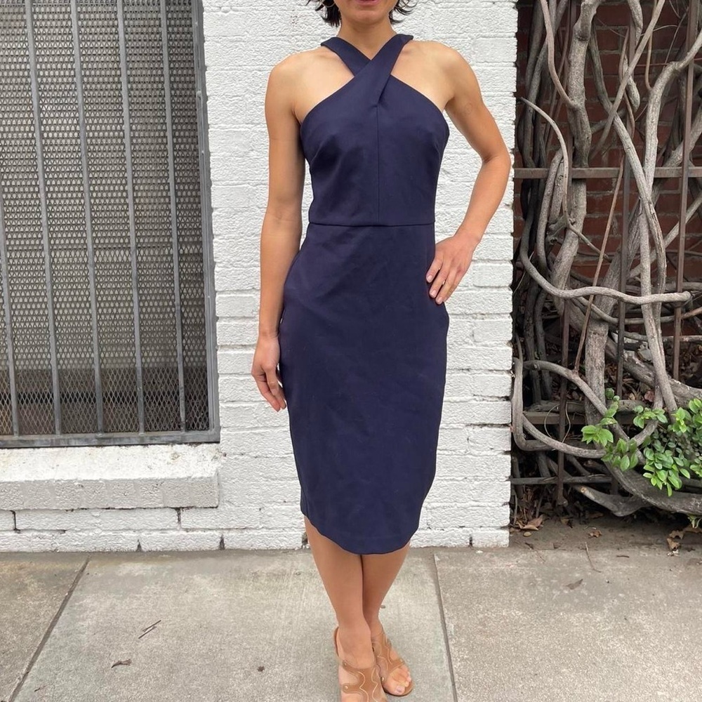 Likely navy blue classy chic pencil midi dress with cross over straps sz 2